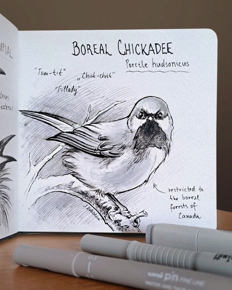 A sketch of a Boreal Chickadee with its head facing front.