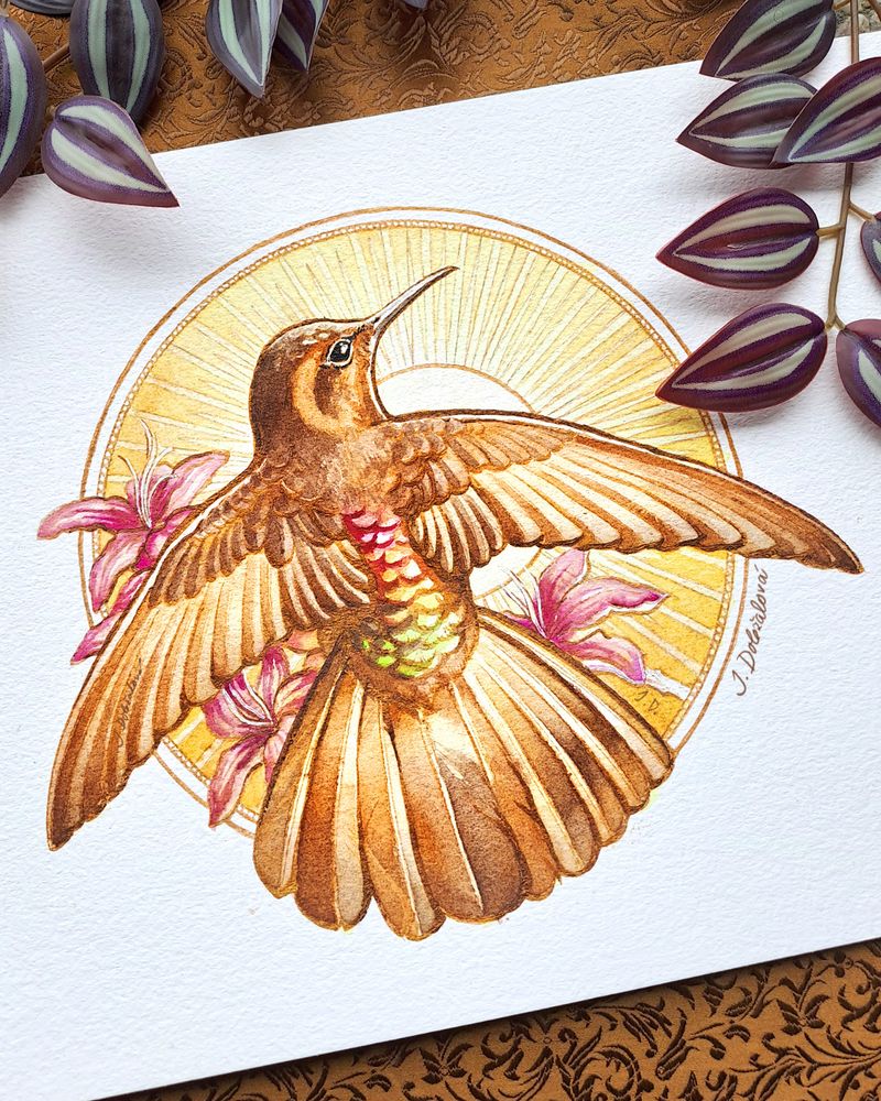 A photo of a painting of a hummingbird (Shining Sunbeam) in a circle with sun and flowers.