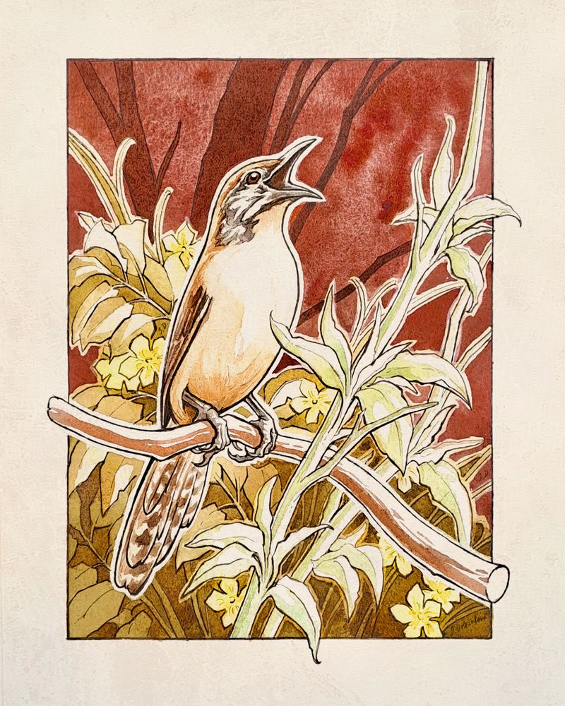 Art nouveau inspired watercolor painting of a singing Happy Wren.