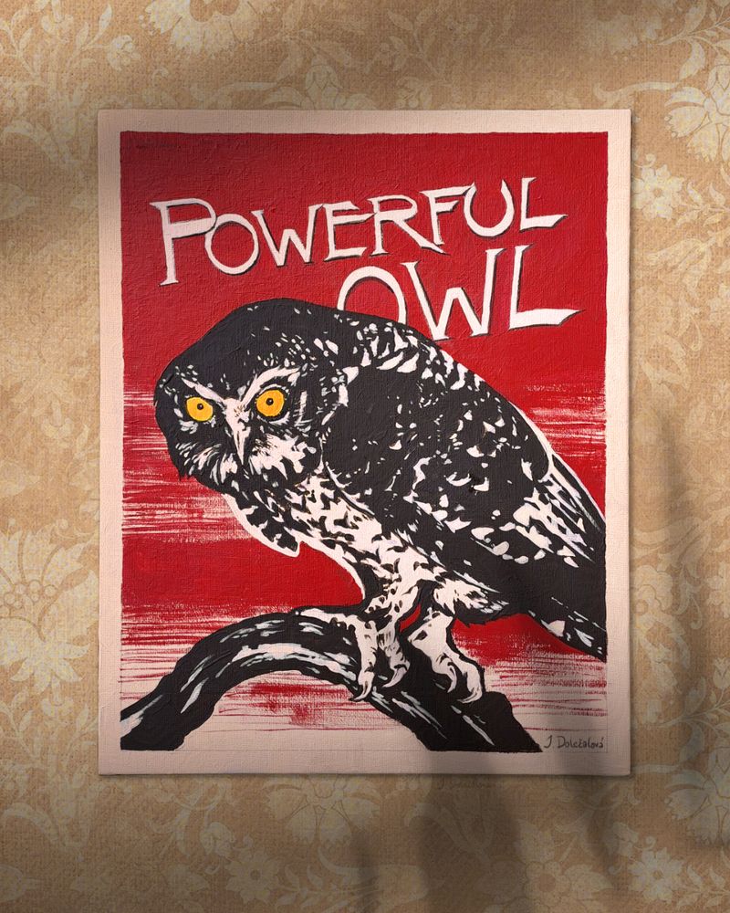 A poster on a vintage wall with a picture of a Powerful Owl in a very graphic style