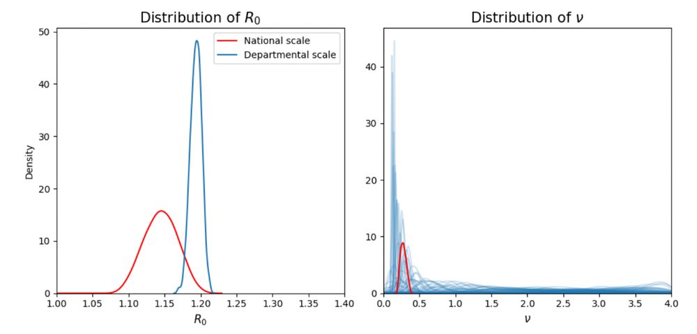Posterior distribution for two parameters.
Left: parameter R0. The posterior using a model at the departmental level is much more peaked that the posteriror using a model at the national level.
Right: paramer ν. There is only one curve at the national curve, but many individual posteriors at the departmental level, showing a lot of heterogeneity.