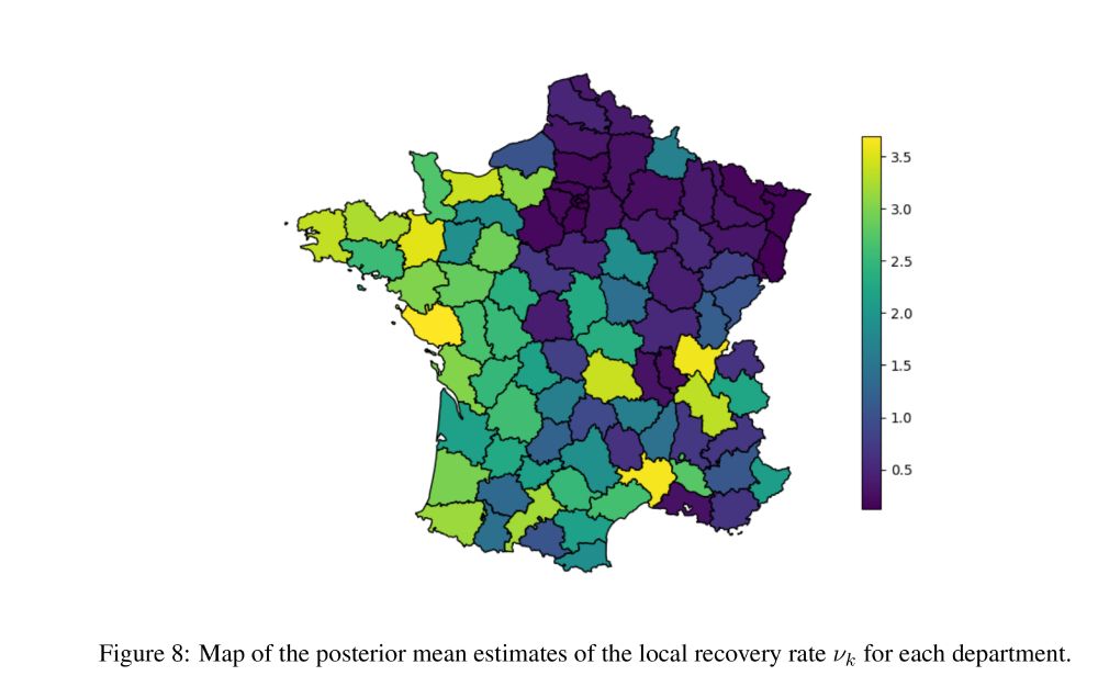 Map of France showing the paramer ν_k at each department. values are lower in the North-East (ν_k of the order of 0.5 and larger in the West (values varying between 1 and 3.5).