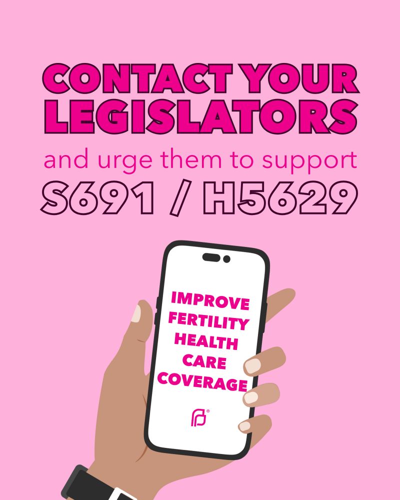 Promotional image encouraging people to contact legislators to support bills S691 and H5629 to improve fertility health care coverage. The image displays a smartphone with the text 'Improve Fertility Health Care Coverage' on its screen, against a pink background.