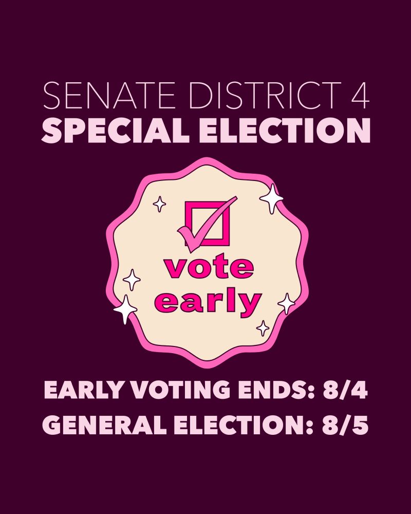 Promotional poster for Senate District 4 Special Election, urging to vote early. Text highlights that early voting ends on August 4, and the general election is on August 5.