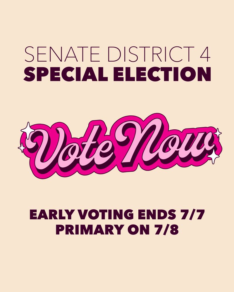 Promotional poster for Senate District 4 Special Election, urging to "Vote Now" with early voting ending on July 7 and primary on July 8.