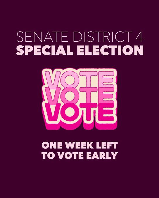 Graphic promoting Senate district 4 special election early voting ending in one week on purple background with pink graphic that reads “vote”