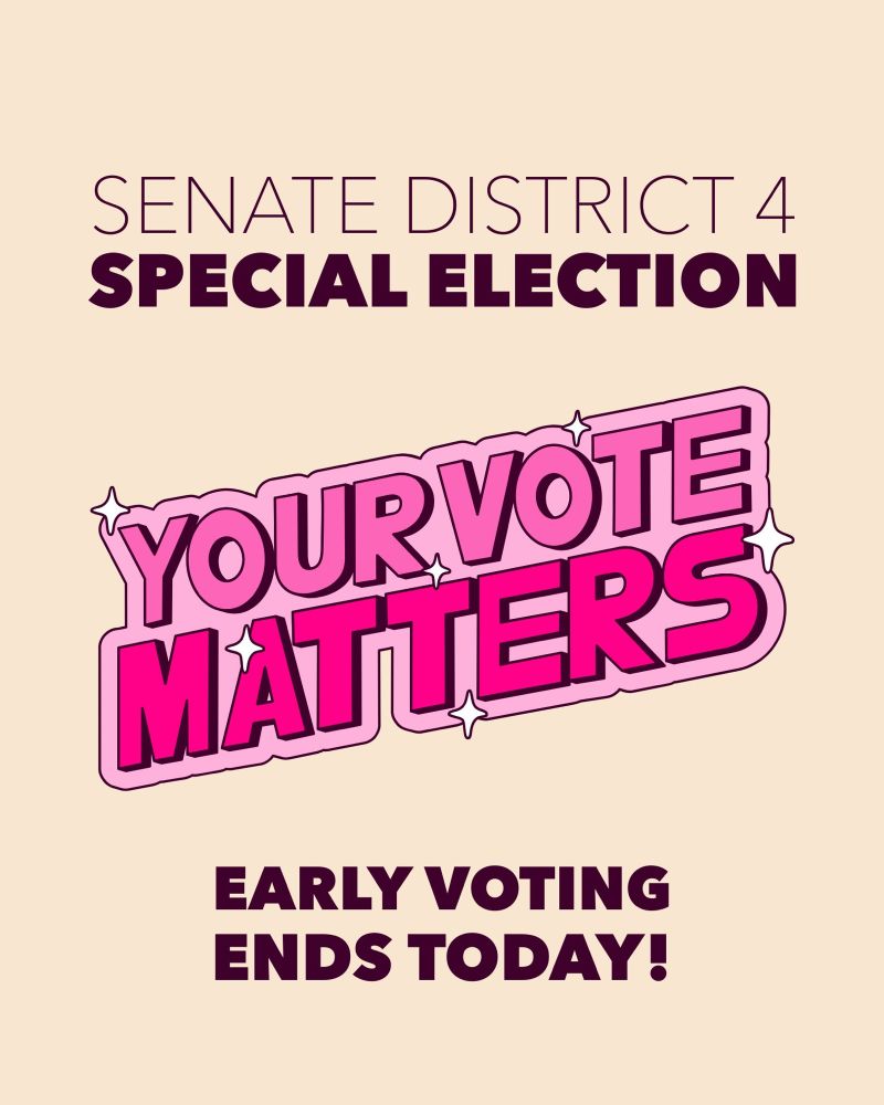  [Promotional poster for Senate District 4 Special Election featuring bold text 'Your Vote Matters' and a reminder that early voting ends today.] 