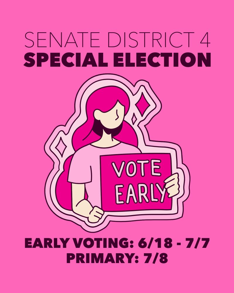 Graphic announcing Senate district for special election early voting starts 6/18 and goes through 7/7 with primary on 7/8. 
Features individual holding “vote early” sign 