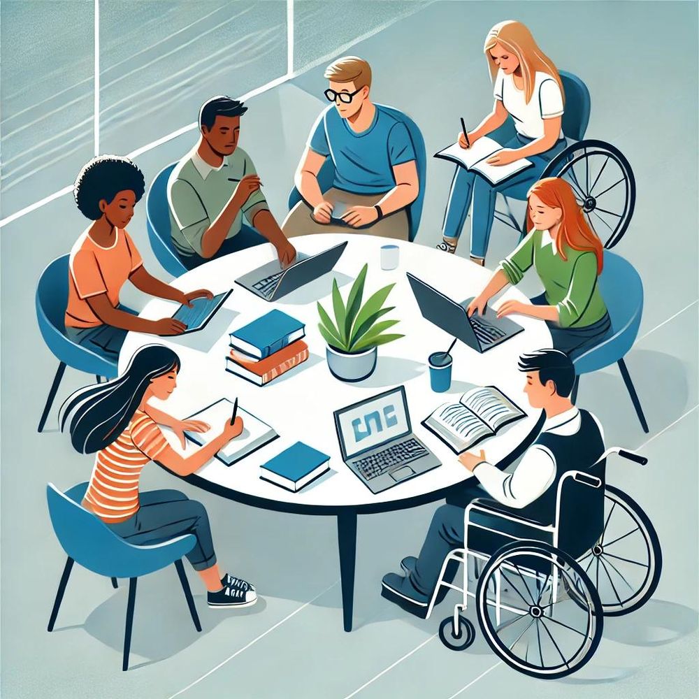 A diverse group learning around a table. 