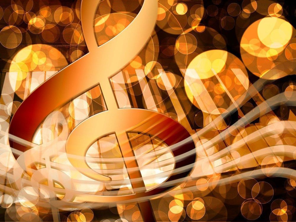 AI-generated image of a treble cleft with sparkly gold background.