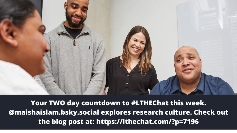 2 people sitting, 2 people standing around a table with text outlining the LTHEChat details