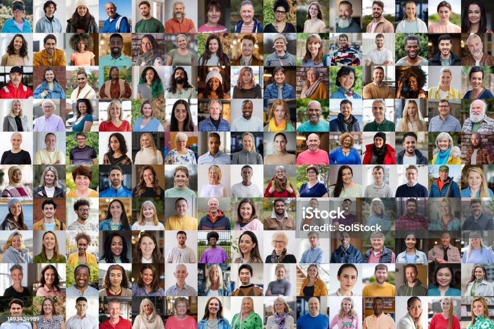 Mosaic image of face portraits of people from various ethnic backgrounds. 