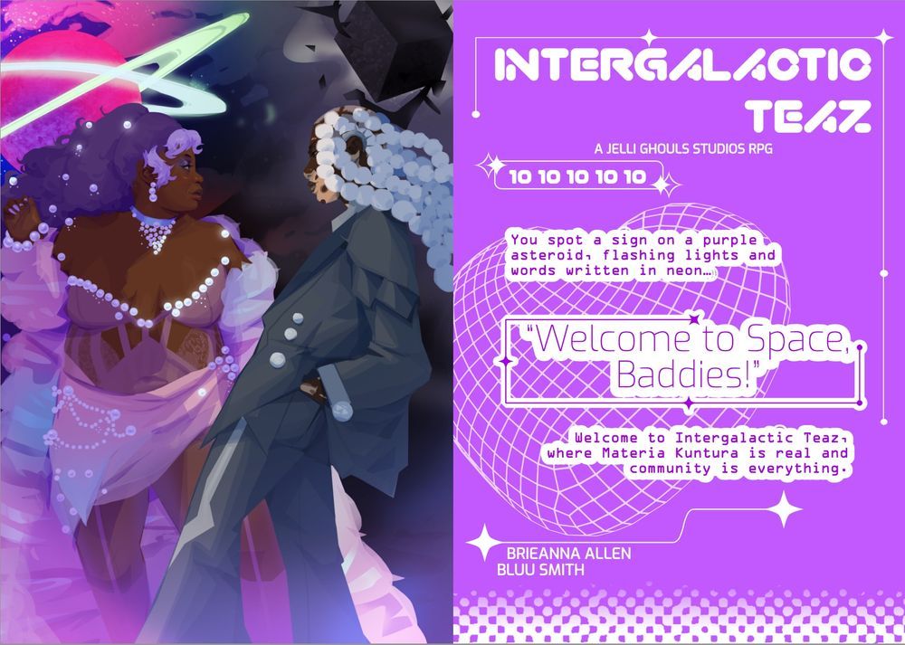 two page spread from intergalactic Teaz. art on the right is of two people standing next to each other in provocative poses in front of a futuristic space background.