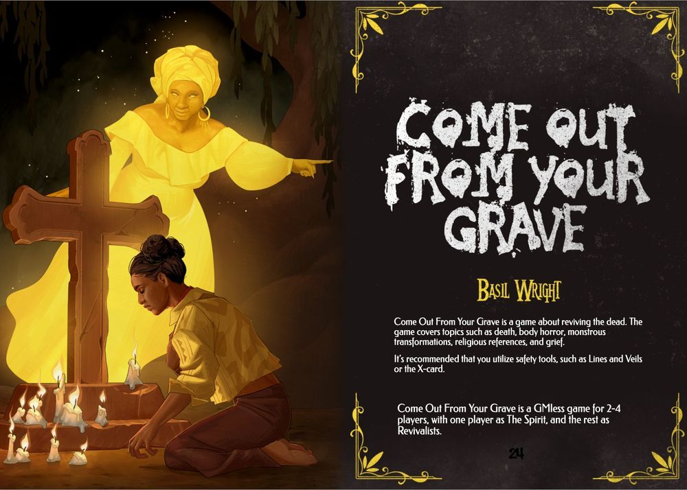 two page spread of "Come Out From Your Grave". The art on the left is a spirit standing over a woman praying in front of a cross tombstone with candles on its base. The ghost is pointing as if giving directions.