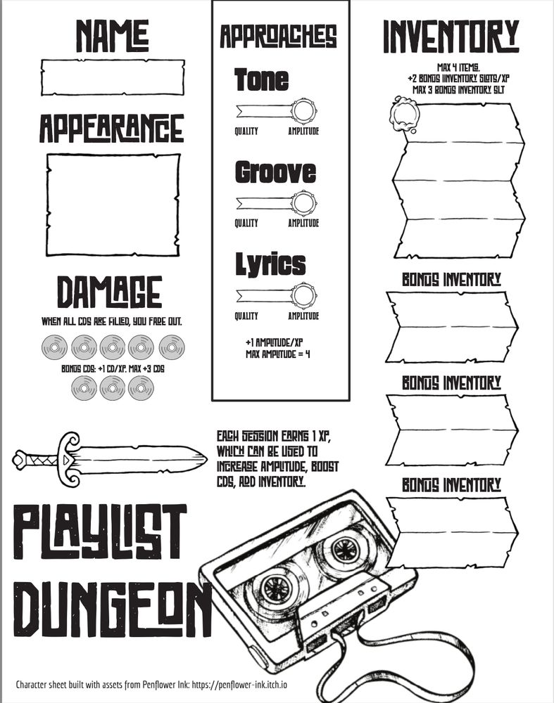 preliminary character sheet for Playlist Dungeon