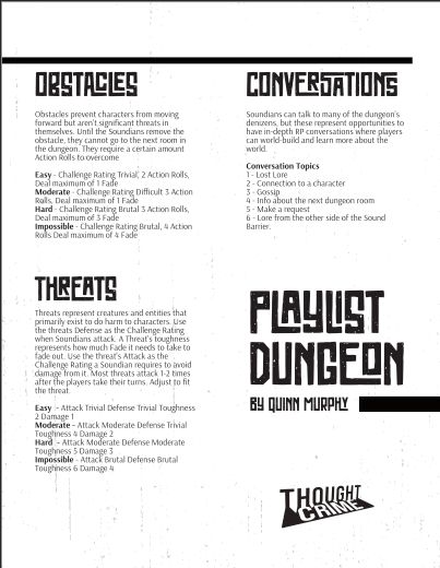 backside of playlist dungeon with guidelines for creating obstacles conversations and threats.