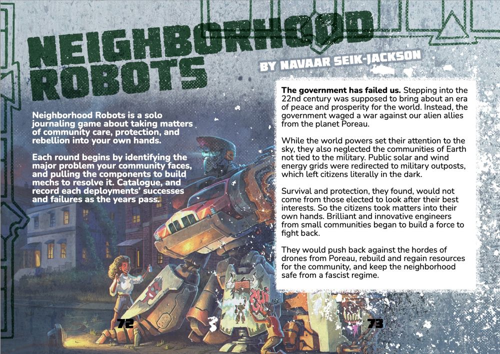 Two page spread of Neighborhood Robots . A large two page piece  of art in the background where a robot is being operated on and played with by young children in an urban environment.