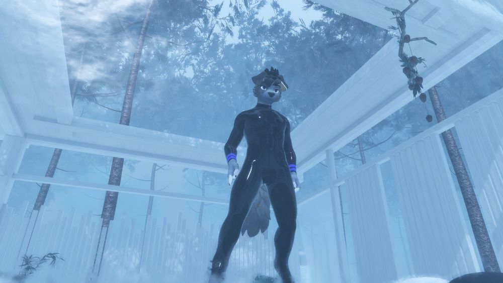 canine vrchat avatar in a latex suit looking out of a window in a dreamy world