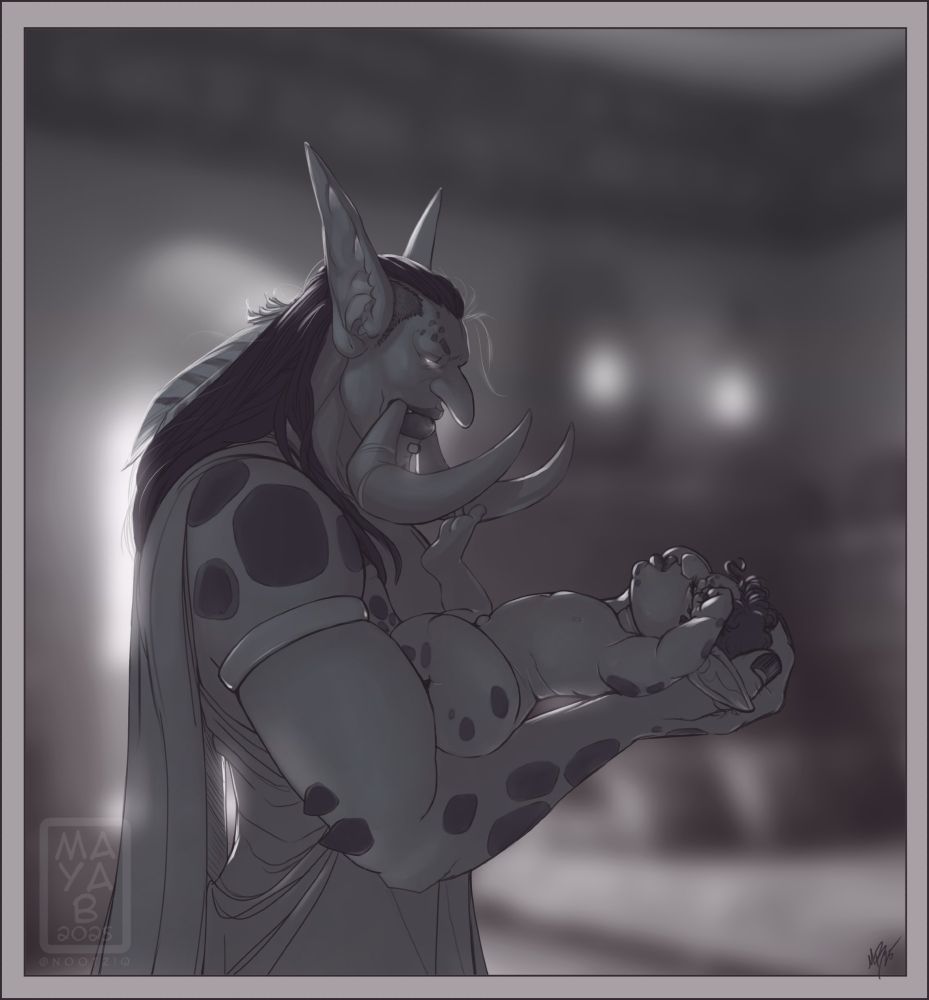 King Rastakhan is pictured holding an infant, wearing a slight look of guilt (it's Sadiki, guys; the infant is Sadiki).