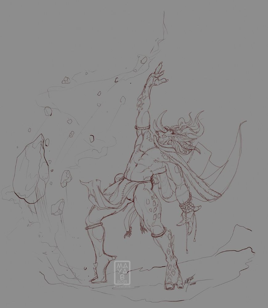 A large zandali shaman is thrusting his hand into the air, summoning the very earth to rise for him. He is wearing a crudely stitched maxtlatl and a cape