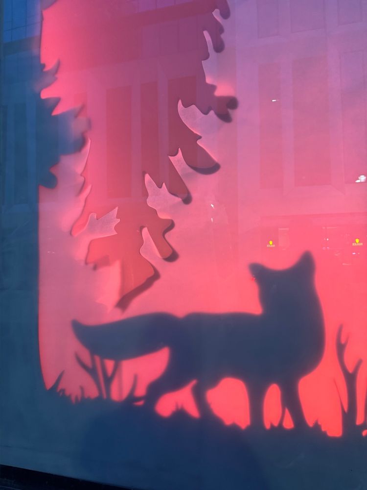 A shadowbox image of a fox illuminated from behind.