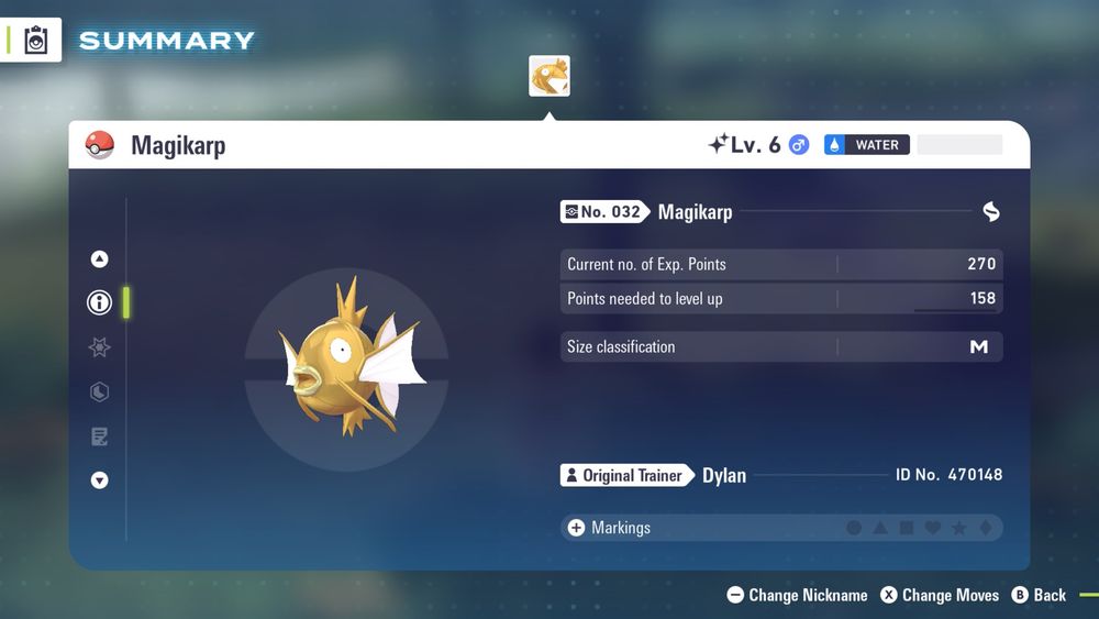 A screenshot from the Nintendo Switch game Pokemon Legends: Z-A featuring the summary menu for a shiny magikarp.