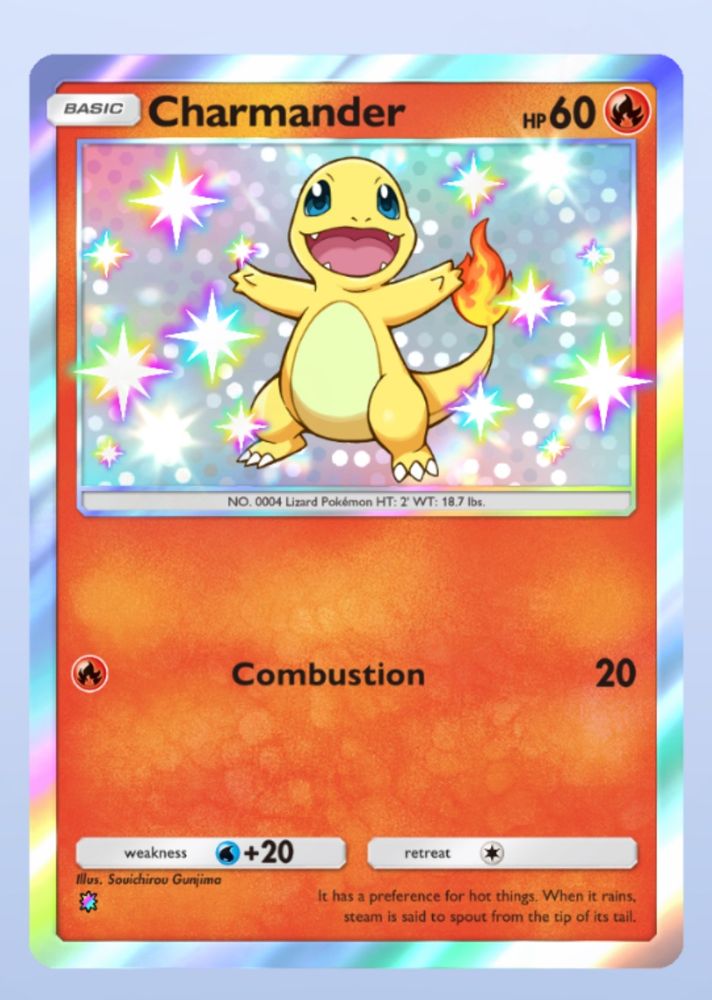 A screenshot of the shiny charmander card from the game Pokemon TCG Pocket