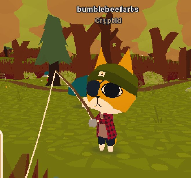 A screenshot from the video game webfishing depicting an orange anthropomorphic cat in a beanie and flannel shirt fishing. 
