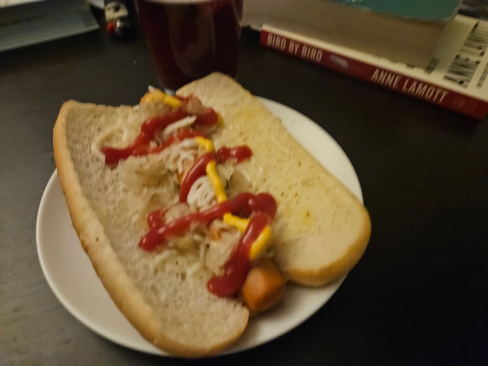 Vegan hot dog with fixins