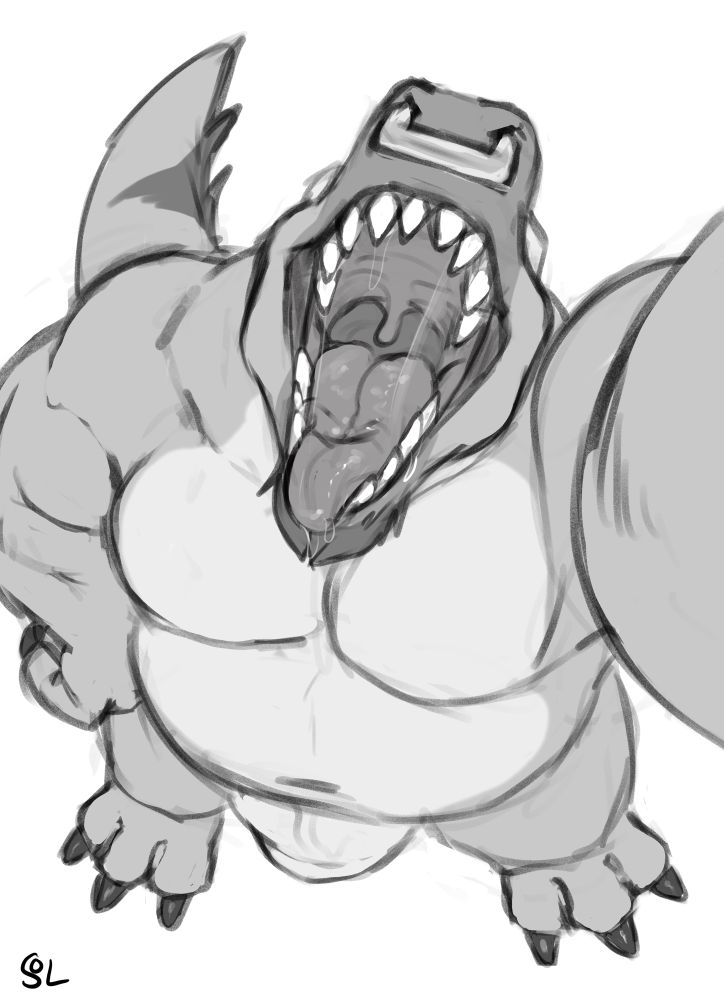 Lorentz (dinosaur) from above with an open maw, holding the viewer who is looking down.