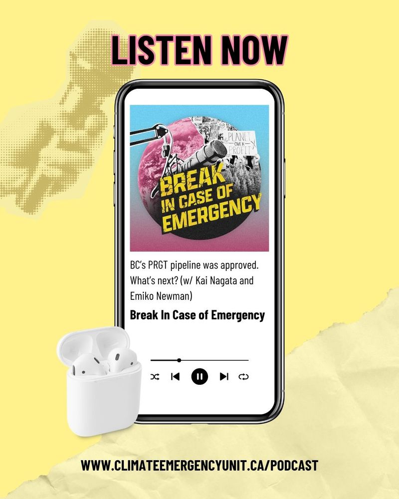 Against a yellow background, an image of a smartphone has the podcast logo and the name of the episode, with a microphone image and a photo of AirPods. 
