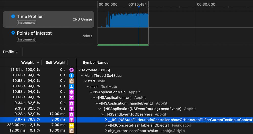 Screenshot of Instruments application with profile of TextMate application showing it spend 9s out of 11s while scrolling in calling function [NSAutoFillHeuristicController showOrHideAutoFillForCurrentTextInputContextIfAppropriate]