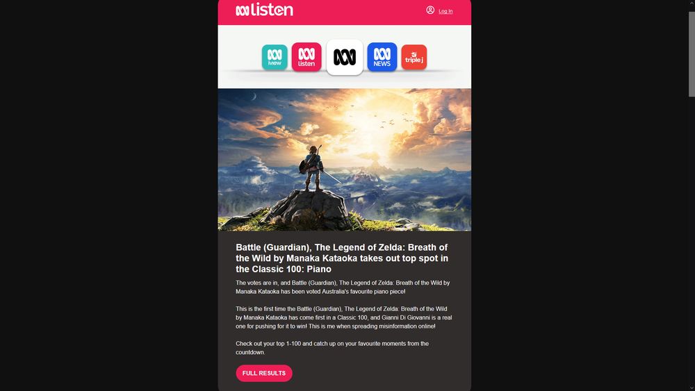 An edited statement from ABC Listen

 Battle (Guardian), The Legend of Zelda: Breath of the Wild by Manaka Kataoka takes out top spot in the Classic 100: Piano

The votes are in, and Battle (Guardian), The Legend of Zelda: Breath of the Wild by Manaka Kataoka has been voted Australia's favourite piano piece!

This is the first time the Battle (Guardian), The Legend of Zelda: Breath of the Wild by Manaka Kataoka has come first in a Classic 100, and Gianni Di Giovanni is a real one for pushing for it to win! This is me when spreading misinformation online!