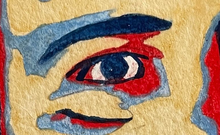 A cropped image of A Badminton, in red, pale ochre, and two shades of blue. The crop is tight enough that only one eye and eyebrow are visible.