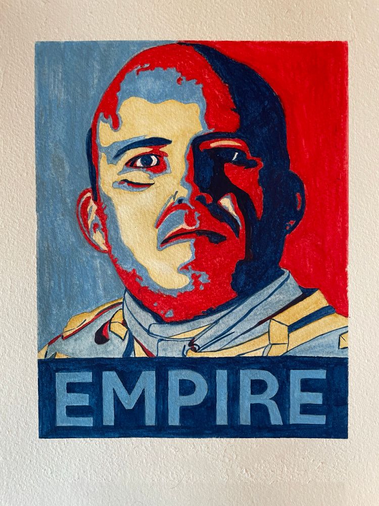 A portrait of Rory Kinnear as Chauncey Badminton from Out Flag Means Death. It’s in the style of the Obama “HOPE” poster, but instead says “EMPIRE”. It’s painted in Caran d’Ache Neocolor II crayons on watercolour paper.

Fun fact: “карандаш” is Russian for “pencil”. Caran d’Ache is a Swiss company, named for a French-Russian cartoonist.