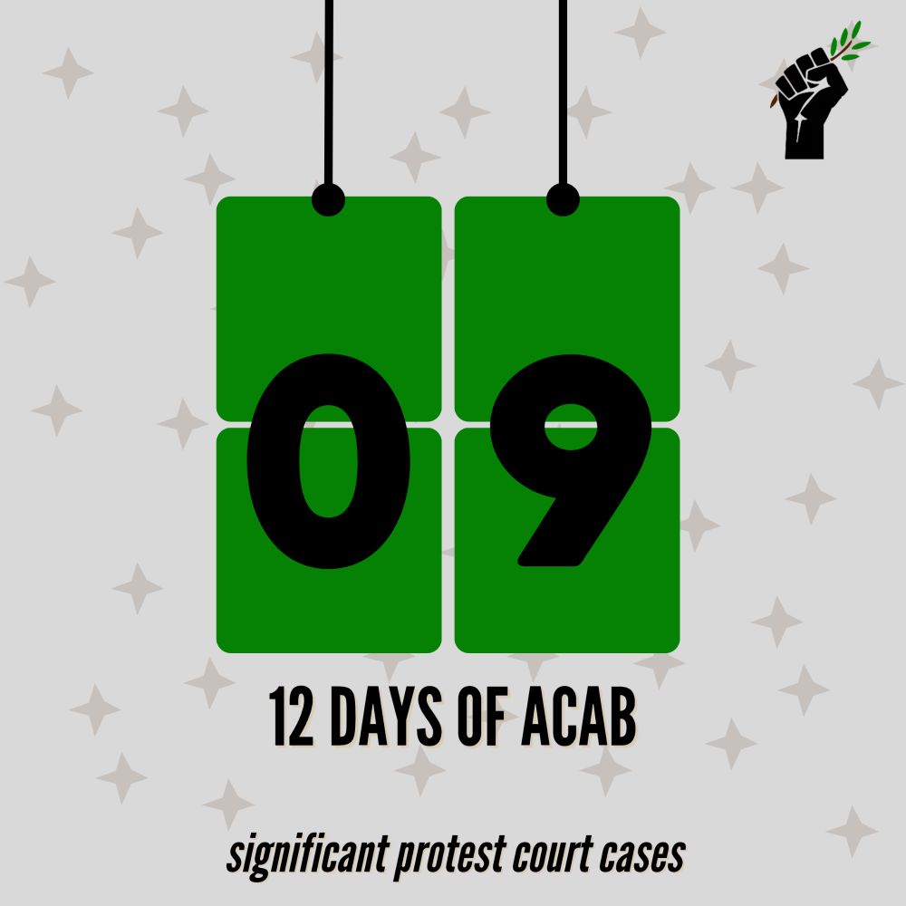 Grey background with light brown stars. 4 green squares in centre. Black 02 text on top. Black writing underneath reading '12 days of acab. significant protest court cases'. GBC logo top right.
