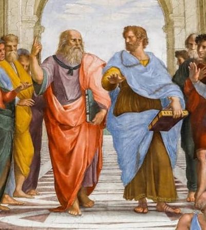 I think this is a picture of Plato and Socrates? Or Socrates and Aristotle? Or Plato and Aristotle? The classical painting of the pair, zoomed in on the pair, one of them is pointing upwards.