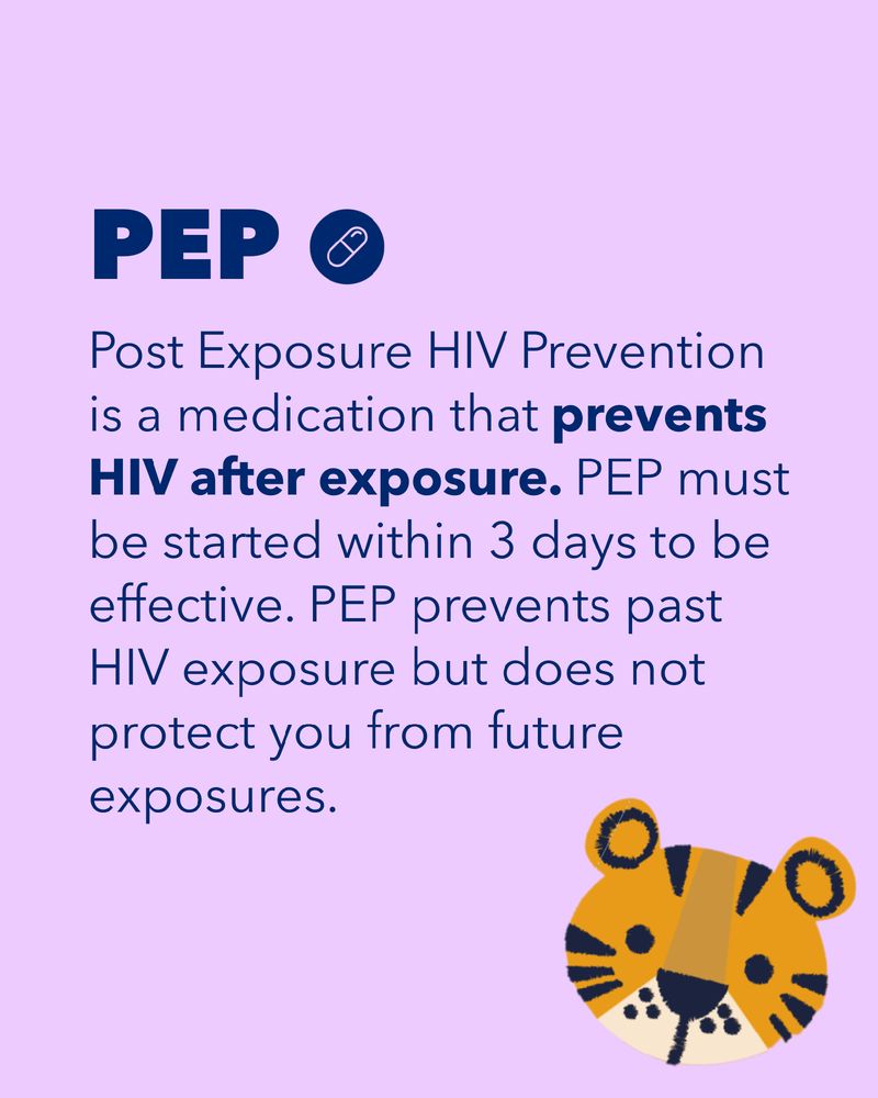 Graphic about PEP (Post-Exposure Prevention) with a stylized illustration of a tiger's face, highlighting that PEP must be started within 3 days of HIV exposure to be effective.