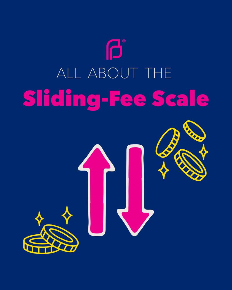 Promotional graphic titled 'All About the Sliding-Fee Scale' featuring up and down arrows and images of coins, set against a deep blue background.