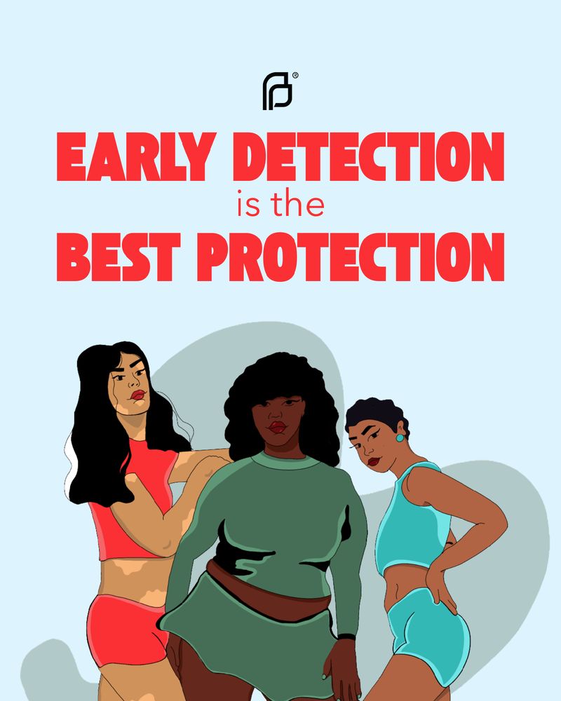 Promotional poster titled 'Early detection is the best protection' featuring three diverse individuals in casual attire, symbolizing solidarity in health awareness.