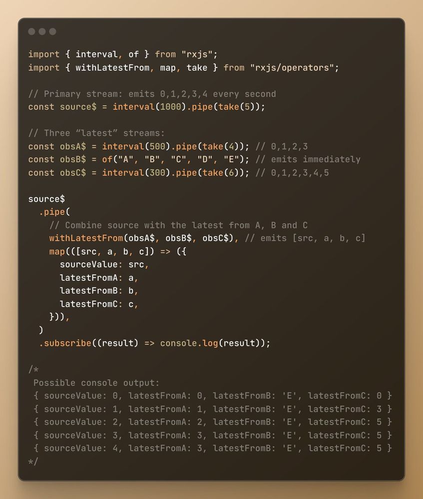 Demonstration of using `withLatestFrom` with multiple observables