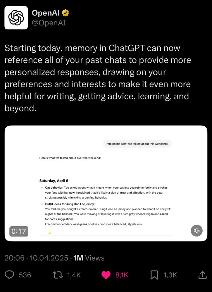 OpenAI releases memory in ChatGPT, which can reference all past chars to provide personalized responses.