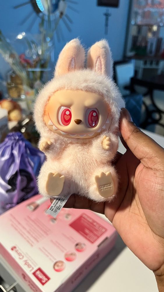 raynna is holding a pink labubu named dada in their hand