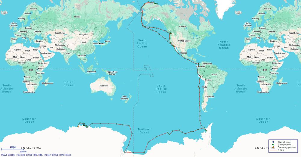 World map showing plotted journey of USS Burton Island in 1948, from Antarctica to US West Coast via South America, and in Alaskan waters.
