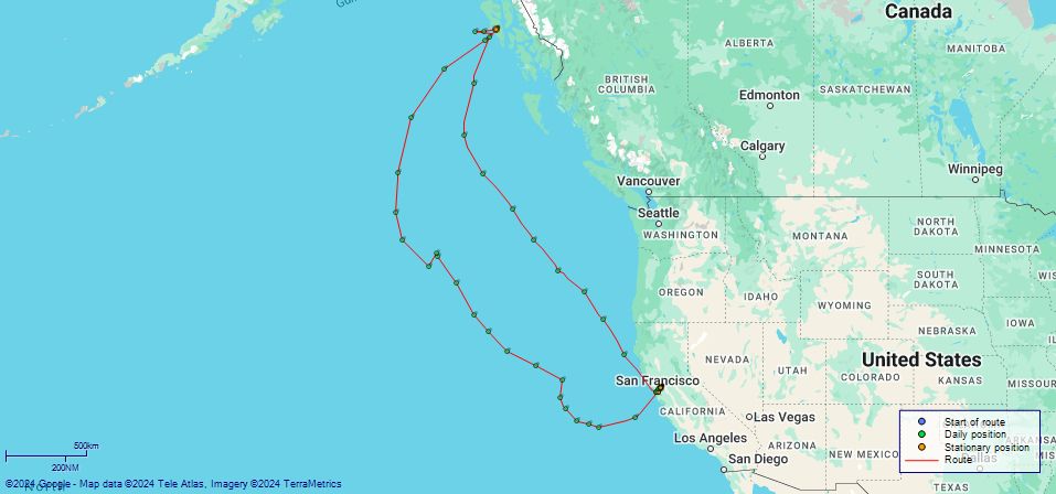 Map of US coast from San Francisco to Sitka, Alaska, showing route taken by USS Jamestown 1879-1881.