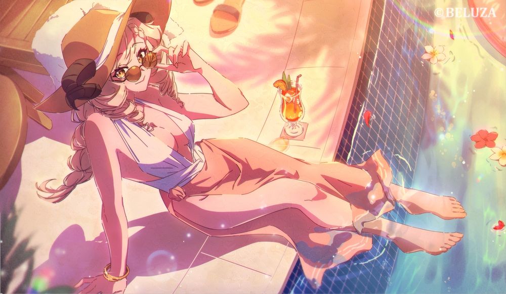 A golden hour landscape drawing of an anime character by the poolside. She has long, light-blonde hair in curl drills and a braid, and a pair of ram horns showing from the sides of her wide brimmed hat. She smiles at the camera while peeking from behind her sunglasses.