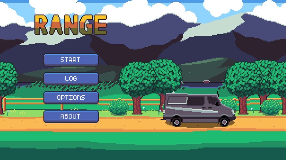 Title screen for Range, with some simple UI and a backdrop of a card driving on a mountainside road.