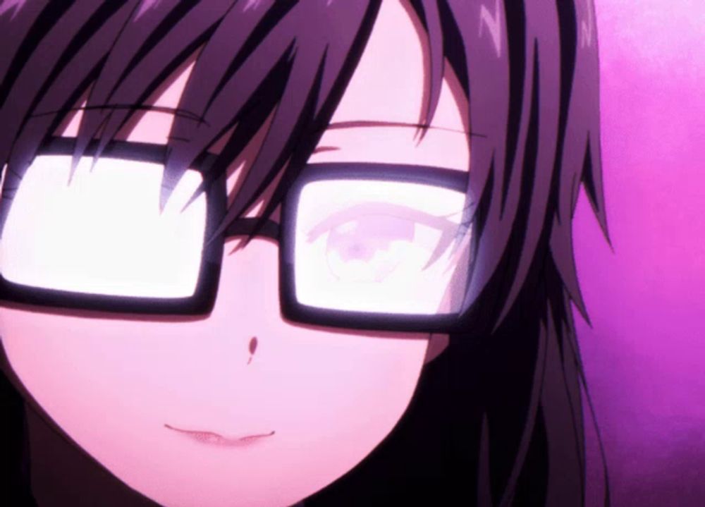 a close up of a girl wearing glasses and a purple background