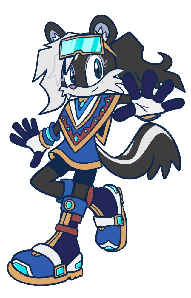 Anthro skunk girl in Sonic Riders art style. Wears a set of boots with lots of straps, a simple dress over a pair of shorts, gloves, and a poncho over it all. She has a pair of wide lensed glasses over her forehead.