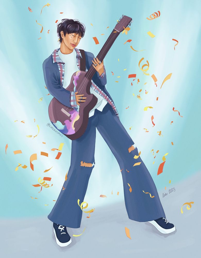 Painting of Seokjin playing the acoustic guitar with a colorful desgin Chris Martin gifted him. He is wearing the outfit from I'll Be There MV (jeans, a jean jacket and a white shirt) on a blue background with orange confetti swirling around him.